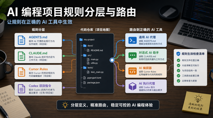 AI编程项目规则分层与路由示意图，展示 AGENTS.md、CLAUDE.md、Cursor Rules 和 Codex 指令如何连接到代码项目