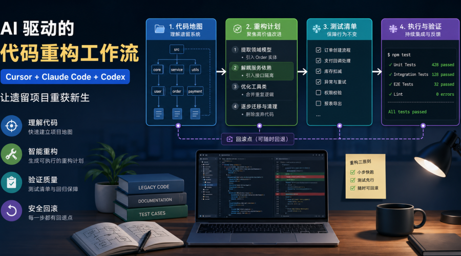 AI编程代码重构工作流，展示项目地图、重构计划、测试清单和回滚点