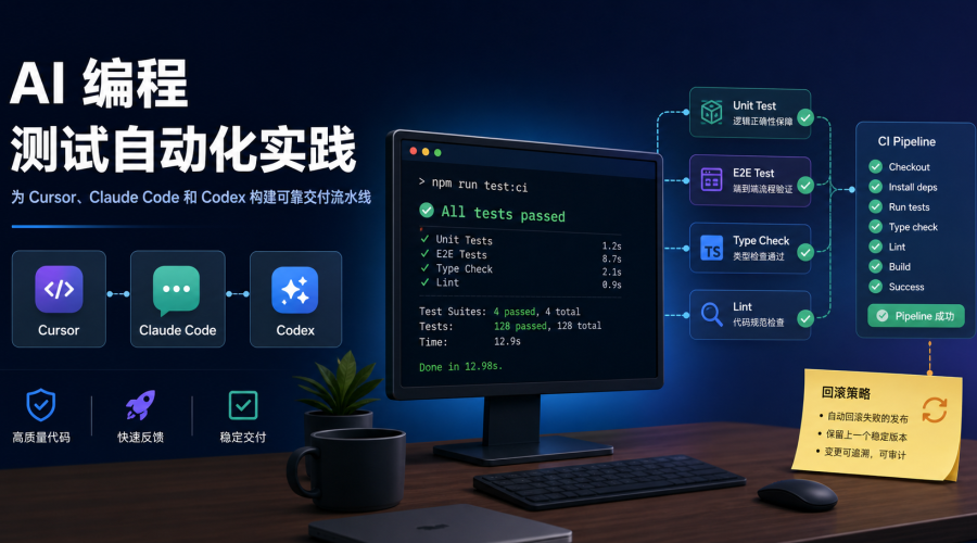 AI编程测试自动化主题图，展示 Cursor、Claude Code、Codex 连接单测、端到端测试、类型检查和 CI 流水线