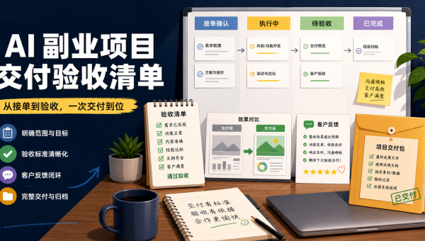 AI副业项目从接单到客户验收的交付清单和看板示意图