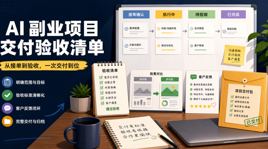 AI副业项目从接单到客户验收的交付清单和看板示意图