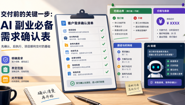 AI副业需求确认表把客户目标、交付范围、素材责任和验收标准整理成接单前清单