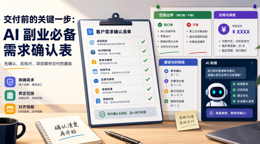 AI副业需求确认表把客户目标、交付范围、素材责任和验收标准整理成接单前清单