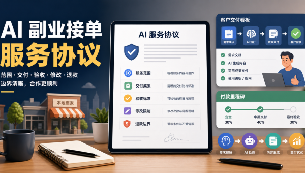 AI副业合作协议主题图，展示服务范围、交付清单、验收节点、付款里程碑和退款边界