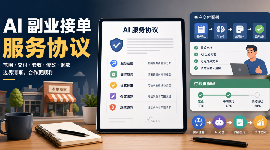 AI副业合作协议主题图，展示服务范围、交付清单、验收节点、付款里程碑和退款边界