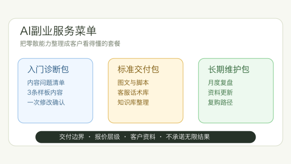 AI副业服务菜单主题图，展示本地商家AI服务套餐、交付边界、报价层级和复购路径
