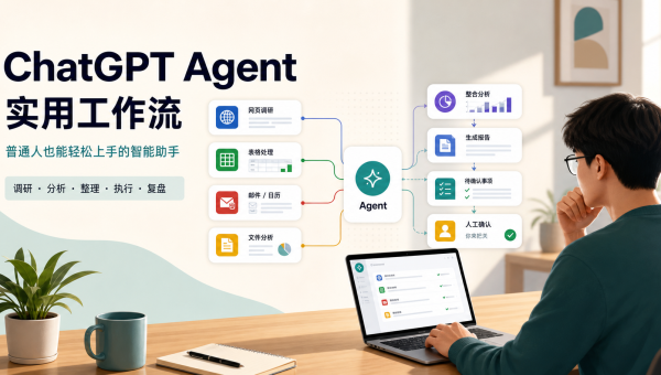 ChatGPT Agent实用工作流主题图，展示网页调研、表格处理、邮件日历、文件分析和人工确认节点