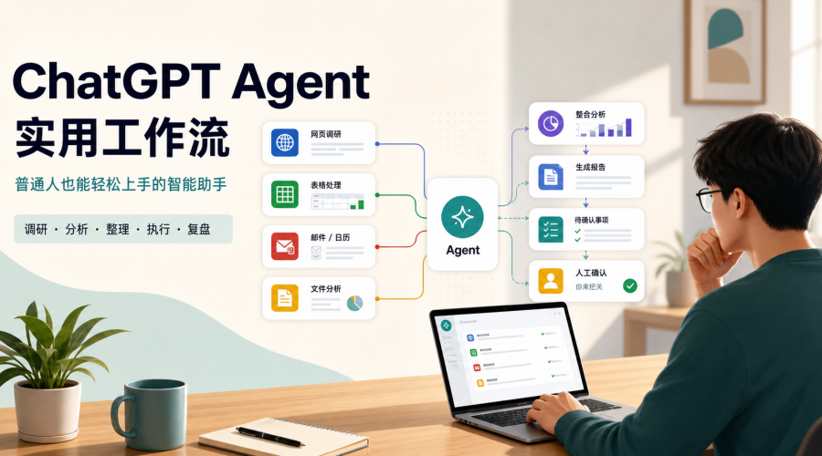 ChatGPT Agent实用工作流主题图，展示网页调研、表格处理、邮件日历、文件分析和人工确认节点