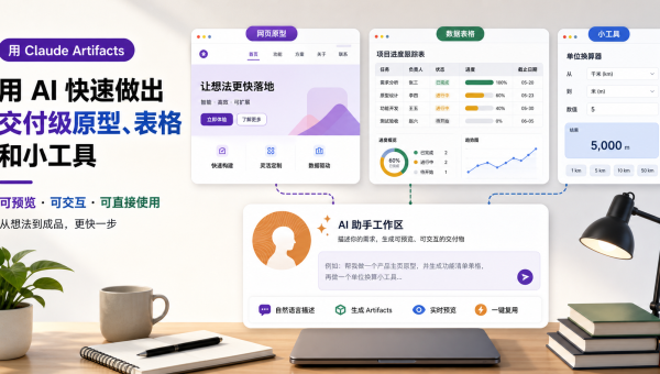 Claude Artifacts 生成网页原型、数据表格和小工具的 AI 工作区示意图