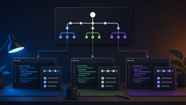 Claude Code 配合 Git Worktree 将一个代码仓库拆成多个独立工作区并行验收的示意图