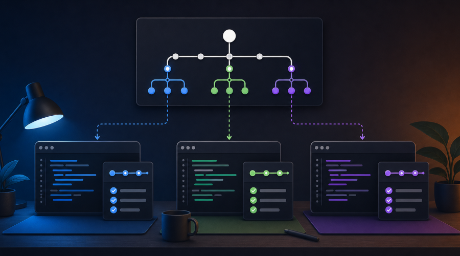 Claude Code 配合 Git Worktree 将一个代码仓库拆成多个独立工作区并行验收的示意图