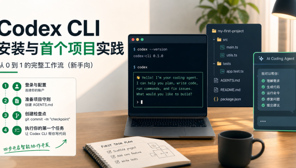 Codex CLI安装登录与首个项目工作流主题图，展示终端、项目目录、AGENTS.md、检查点和AI编程助手