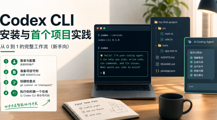 Codex CLI安装登录与首个项目工作流主题图，展示终端、项目目录、AGENTS.md、检查点和AI编程助手
