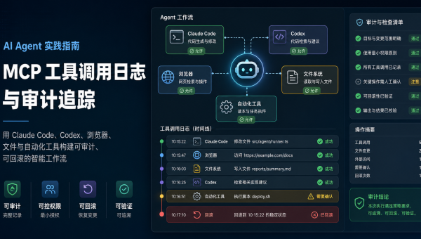 MCP工具调用日志审计主题图，展示AI Agent连接文件、浏览器、表格和自动化工具的调用记录与回滚检查
