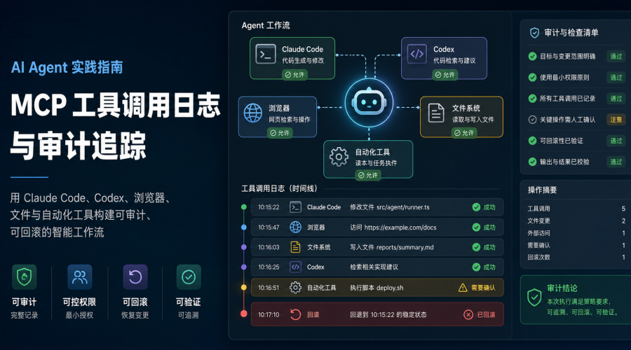 MCP工具调用日志审计主题图，展示AI Agent连接文件、浏览器、表格和自动化工具的调用记录与回滚检查