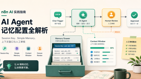 n8n AI Agent 记忆配置示意图，展示 Chat Trigger、AI Agent、Simple Memory、Session Key、上下文窗口和人工审核流程