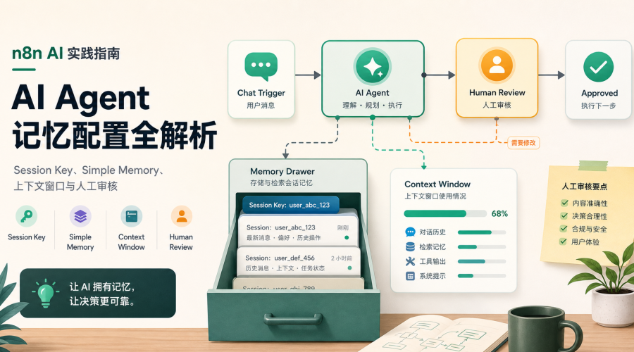 n8n AI Agent 记忆配置示意图，展示 Chat Trigger、AI Agent、Simple Memory、Session Key、上下文窗口和人工审核流程