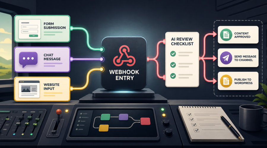 n8n Webhook 自动化入口连接表单、消息、网站事件和人工审核流程