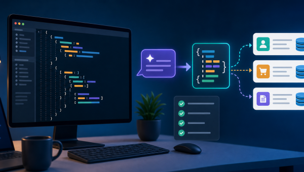 OpenAI API结构化输出教程主题图，展示AI回答经过JSON Schema校验后写入业务数据系统