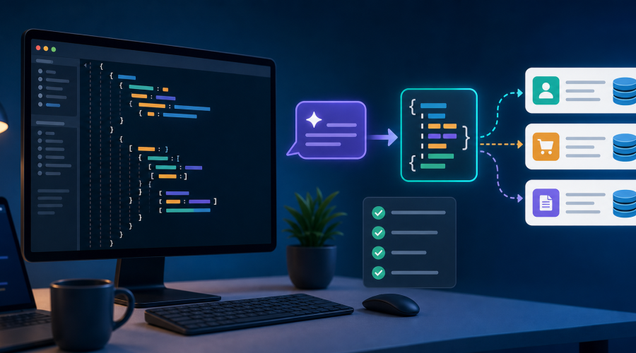 OpenAI API结构化输出教程主题图，展示AI回答经过JSON Schema校验后写入业务数据系统