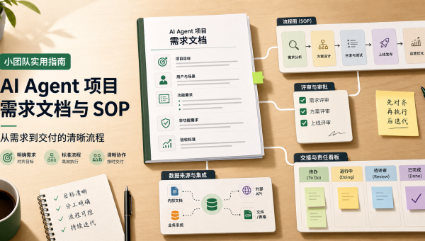 AI Agent项目需求文档与SOP主题图，展示需求说明、流程卡片、数据源、审批清单和交付看板