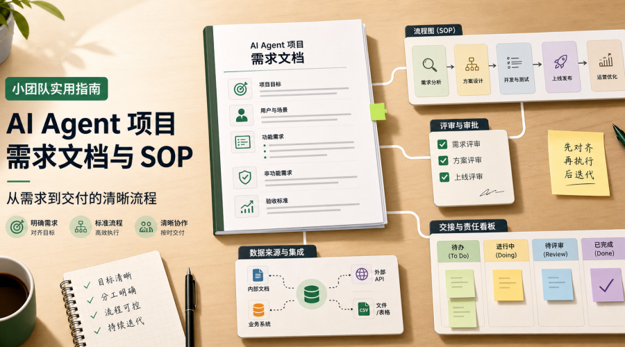 AI Agent项目需求文档与SOP主题图，展示需求说明、流程卡片、数据源、审批清单和交付看板