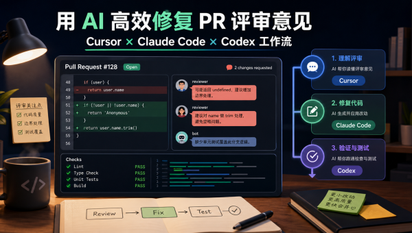 AI修复PR评审意见主题图，展示评论分类、代码修改、测试验证和合并前检查流程
