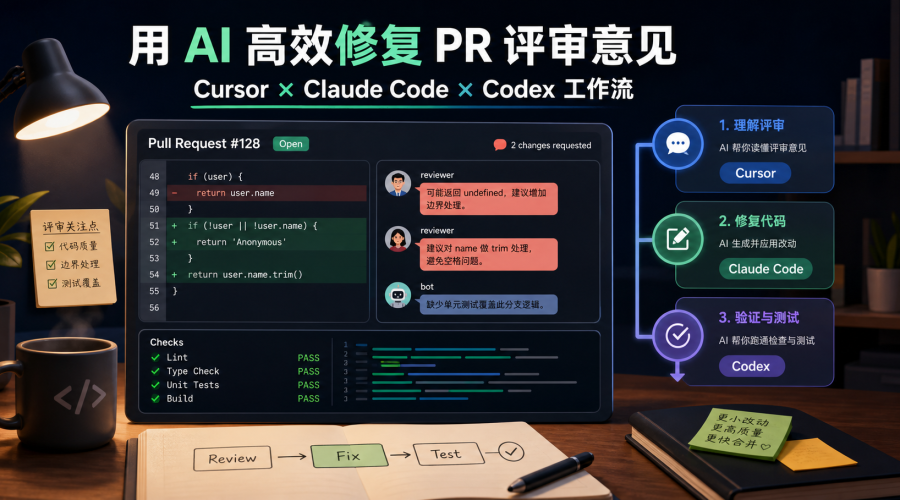 AI修复PR评审意见主题图，展示评论分类、代码修改、测试验证和合并前检查流程