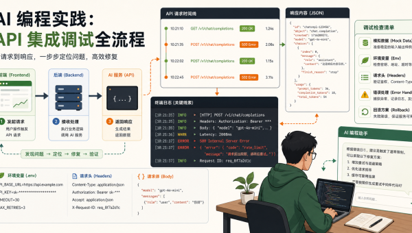 AI编程接口联调主题图，展示 API 请求时间线、JSON 响应、终端日志和调试检查清单