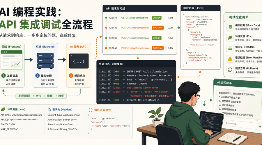 AI编程接口联调主题图，展示 API 请求时间线、JSON 响应、终端日志和调试检查清单