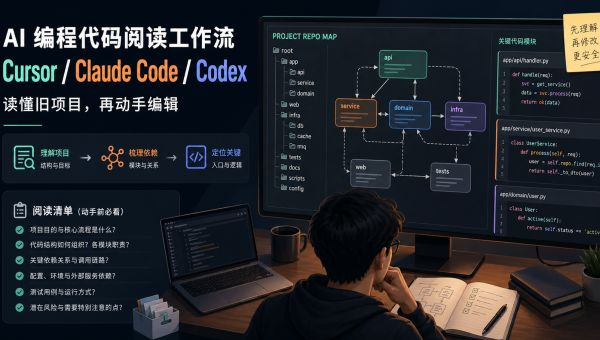 AI编程代码阅读工作流主题图，展示项目仓库地图、模块依赖、关键代码和修改前检查清单