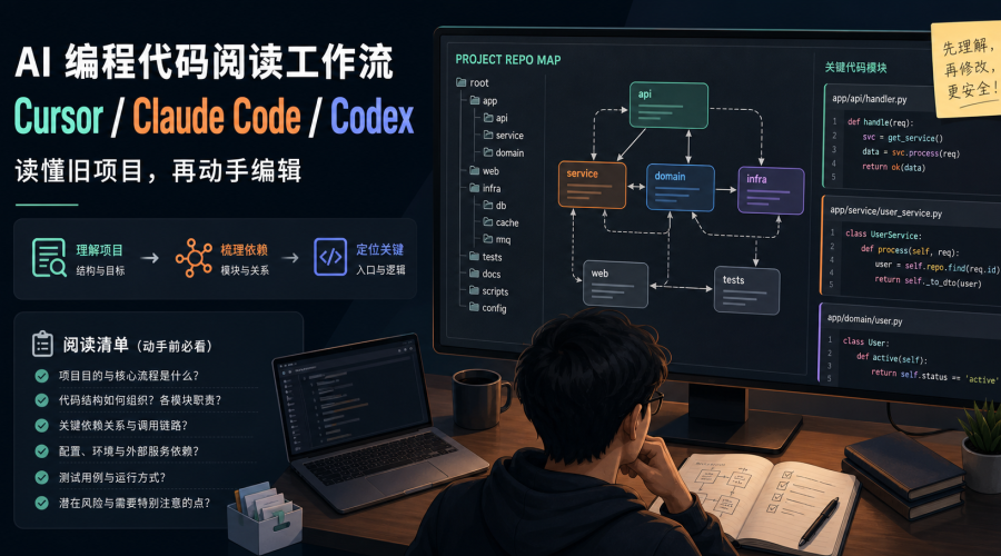 AI编程代码阅读工作流主题图，展示项目仓库地图、模块依赖、关键代码和修改前检查清单