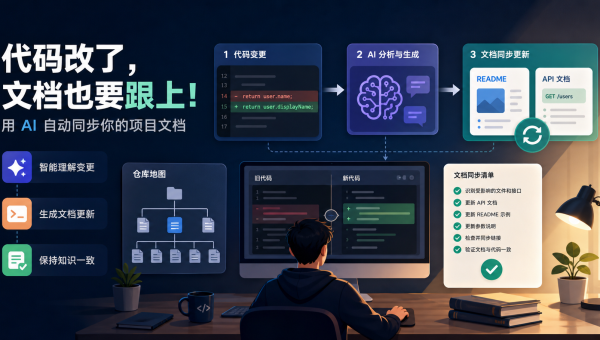 AI编程文档同步更新主题图，展示代码变更后同步更新 README、API 文档和项目检查清单