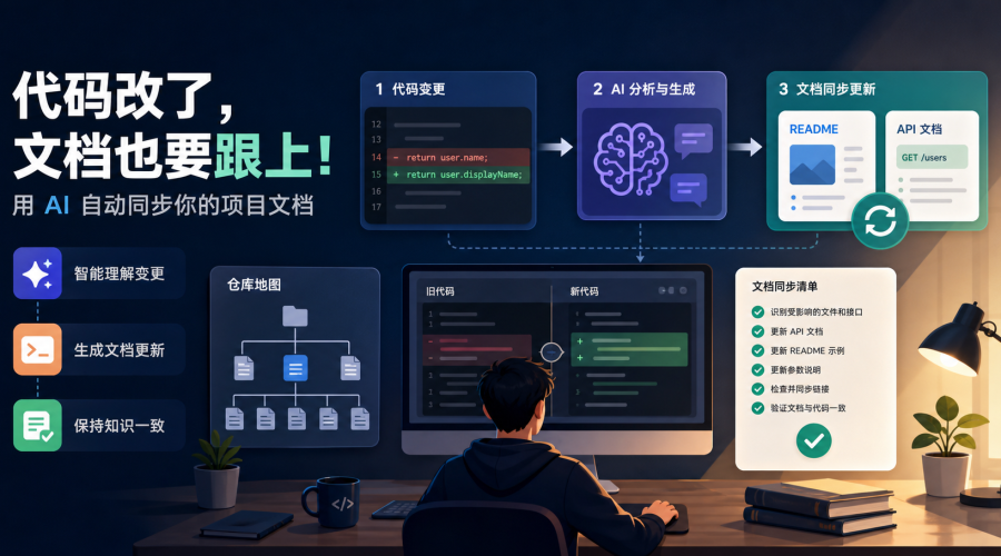 AI编程文档同步更新主题图，展示代码变更后同步更新 README、API 文档和项目检查清单