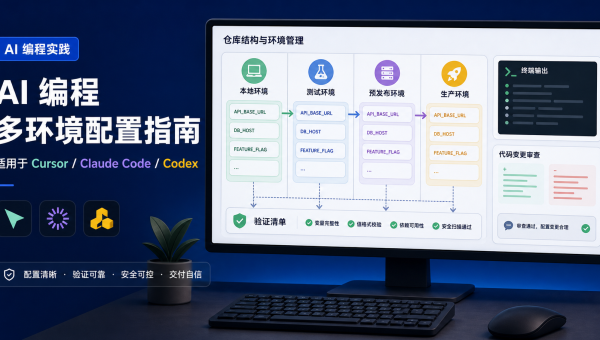 AI编程多环境配置流程图，展示开发测试预发生产环境变量和代码仓库检查