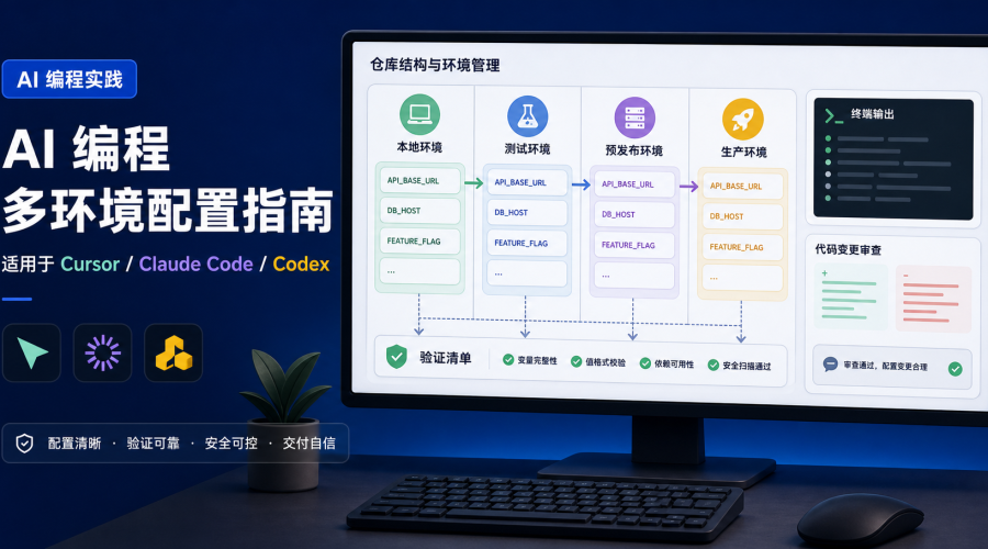 AI编程多环境配置流程图，展示开发测试预发生产环境变量和代码仓库检查