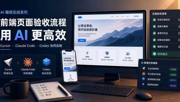 AI编程前端页面验收工作台，展示桌面和移动端预览、布局检查、表单测试和截图验收清单
