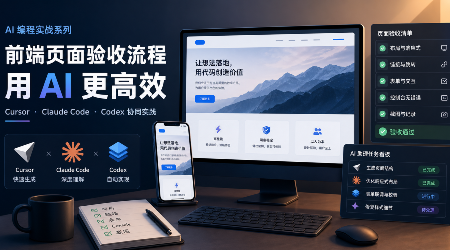 AI编程前端页面验收工作台，展示桌面和移动端预览、布局检查、表单测试和截图验收清单