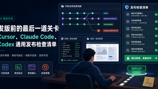 AI编程发布前检查清单，展示 Cursor、Claude Code、Codex 的代码审查、测试、预览和回滚流程
