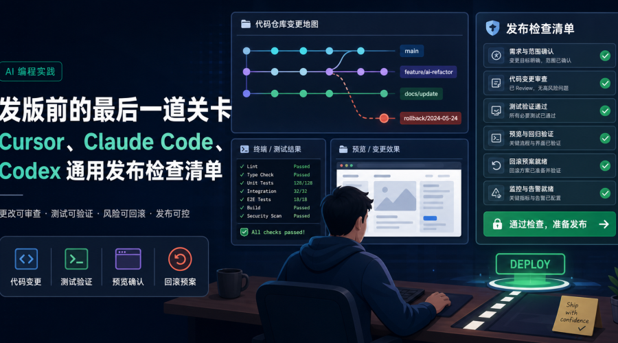 AI编程发布前检查清单，展示 Cursor、Claude Code、Codex 的代码审查、测试、预览和回滚流程
