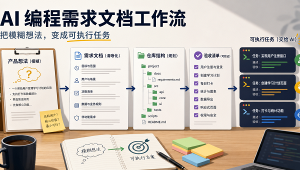 AI编程需求文档从模糊想法、功能清单、仓库结构到可执行任务的工作流示意图