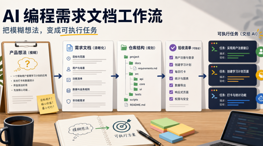 AI编程需求文档从模糊想法、功能清单、仓库结构到可执行任务的工作流示意图