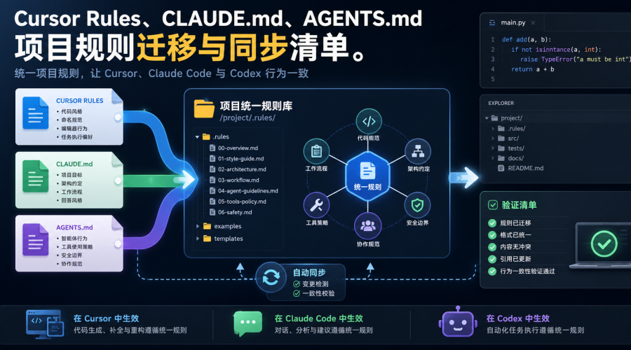 Cursor Rules、CLAUDE.md、AGENTS.md 项目规则迁移到统一规则库的流程图