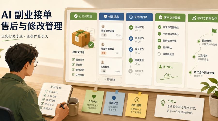 AI副业售后流程把交付包、修改请求、客户培训和续费服务整理成可控看板