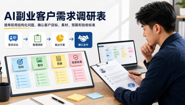 AI副业客户需求调研表流程图，展示目标、素材、预算和验收标准确认