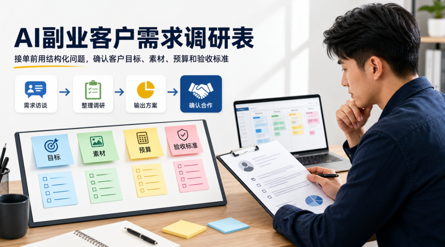 AI副业客户需求调研表流程图，展示目标、素材、预算和验收标准确认