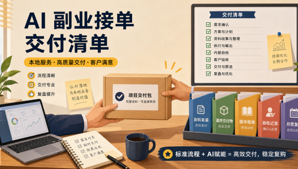 AI副业接单交付清单，展示资料包、成果文件、操作指南、验收记录和月度复盘