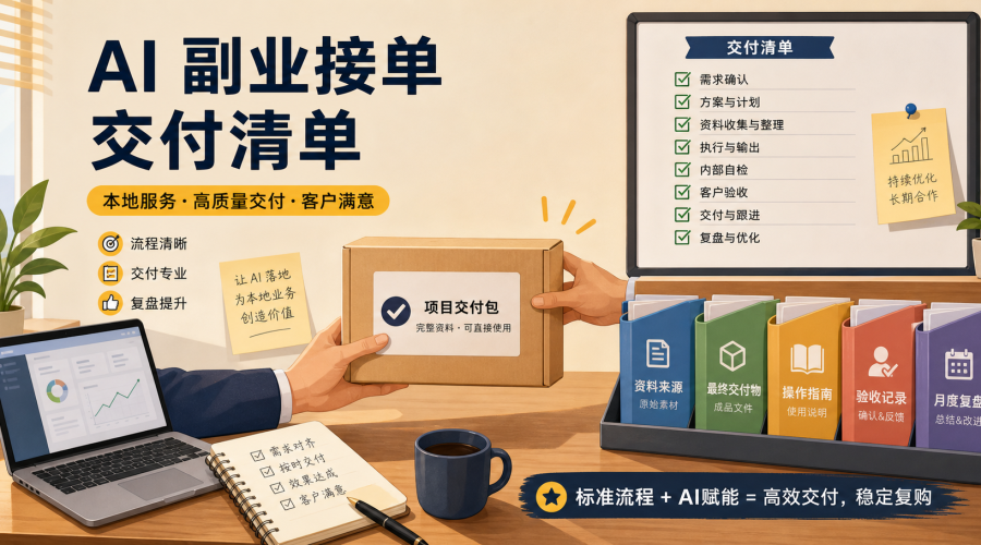 AI副业接单交付清单，展示资料包、成果文件、操作指南、验收记录和月度复盘