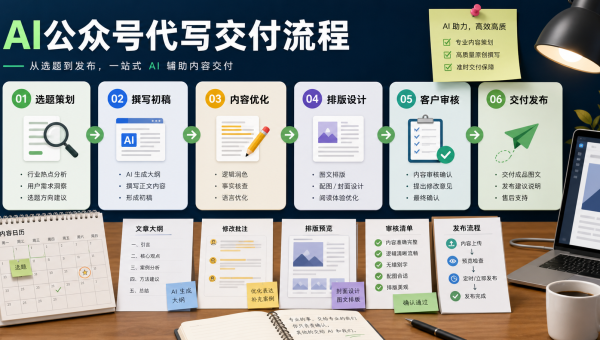 AI公众号代写从选题、初稿、改稿、排版到客户验收的交付流程图