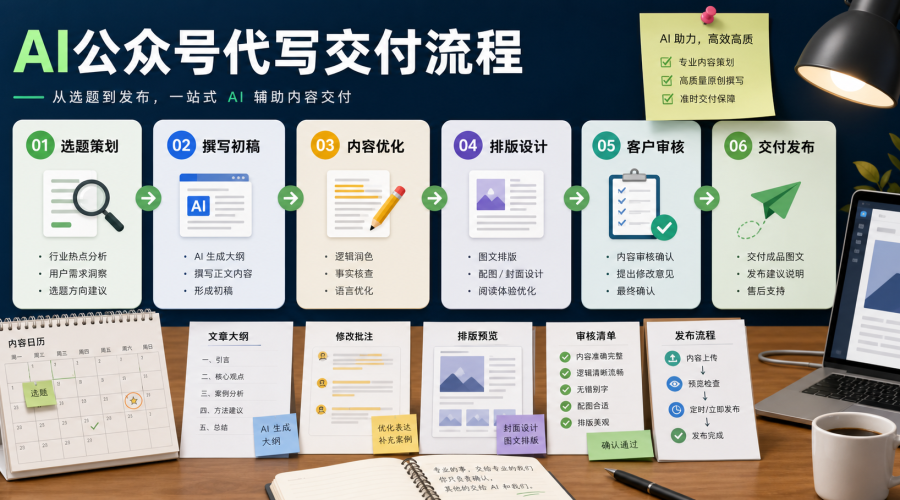 AI公众号代写从选题、初稿、改稿、排版到客户验收的交付流程图